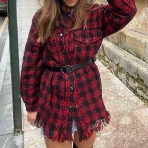 PLAID BELTED BOUCLE SHIRT